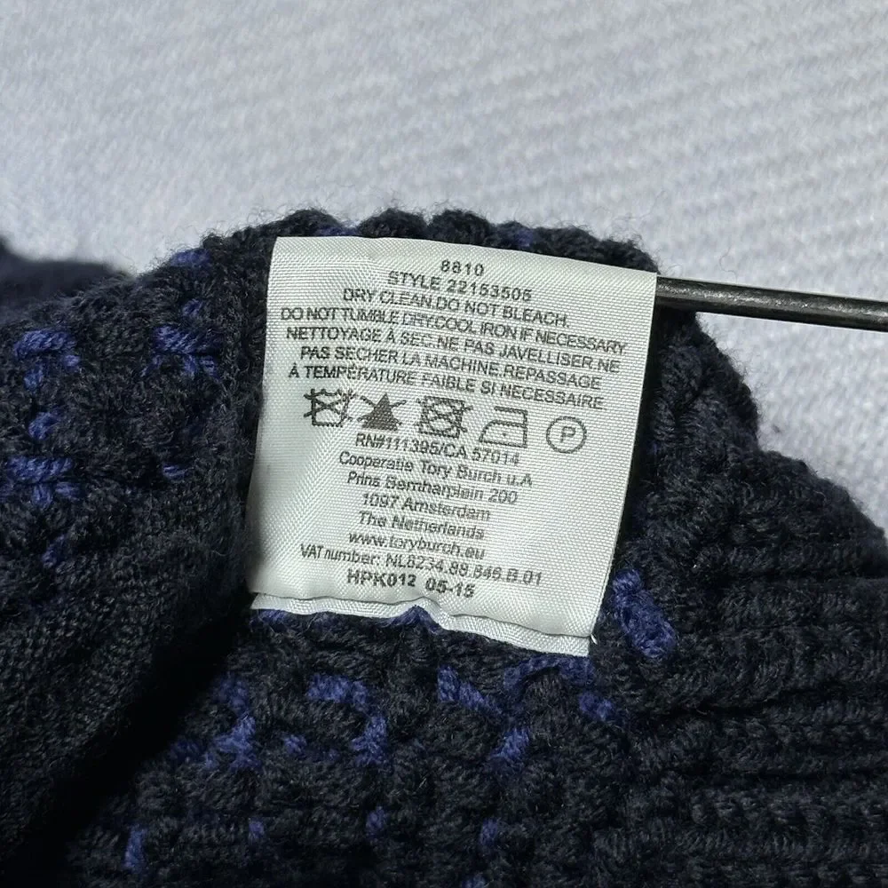 Tory Burch Black Blue Merino Wool Waffle Knit Cardigan‎ Sweater Women's Sz Large
